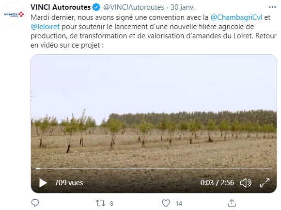 Tweet de Vinci Autoroutes sur la plantation d'amandiers dans le Pithiverais