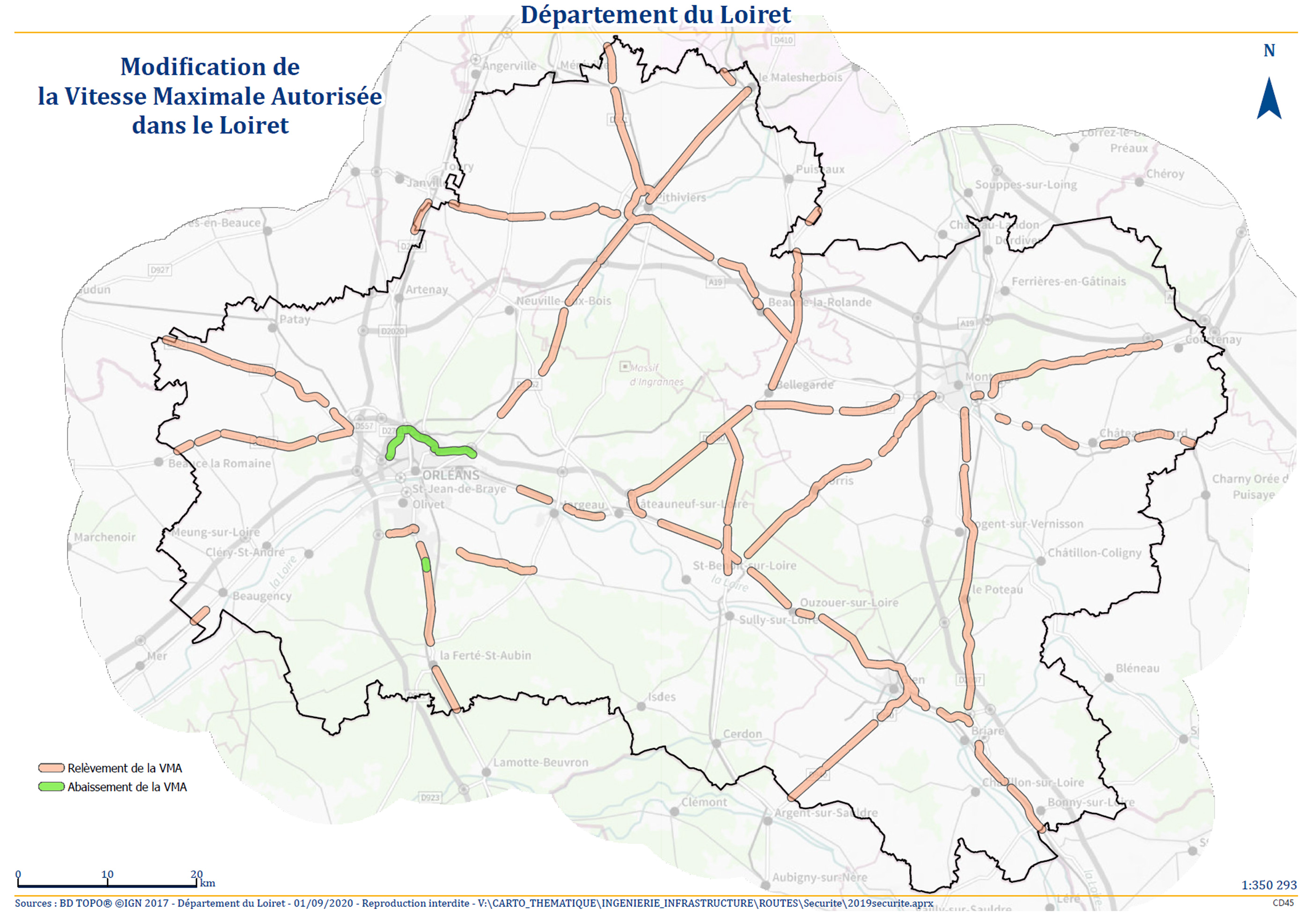 Carte de la modification de la vitesse maximale autorisée dans le Loiret