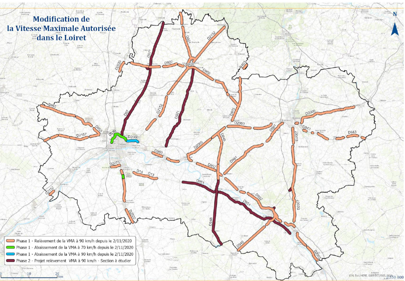 Carte de relèvement de la vitesse sur certaines routes départementales
