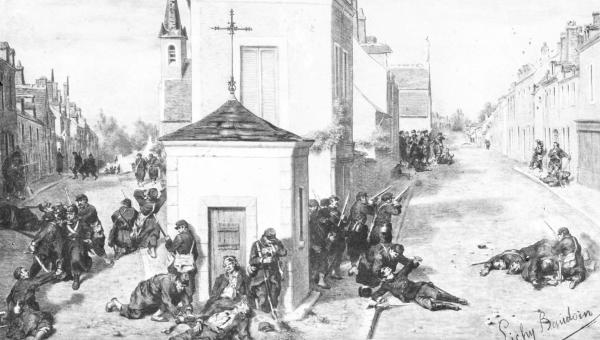 Un épisode du combat des Aydes, à Orléans, 11 octobre 1870 : la mort du commandant Arago (Arch. dép. du Loiret, 30 Fi 778)