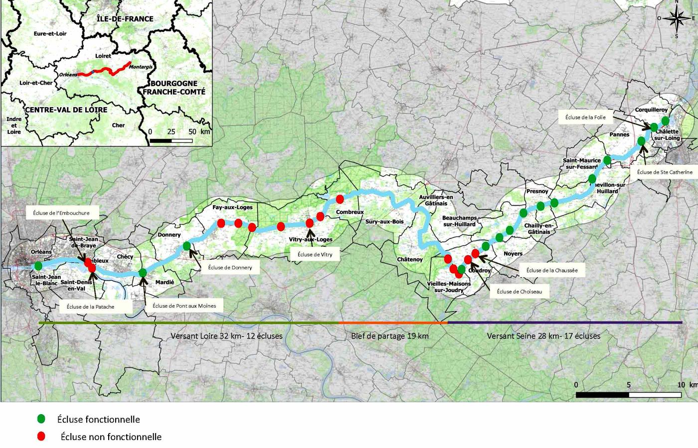 Carte des écluses sur le canal d'Orléans en 2021
