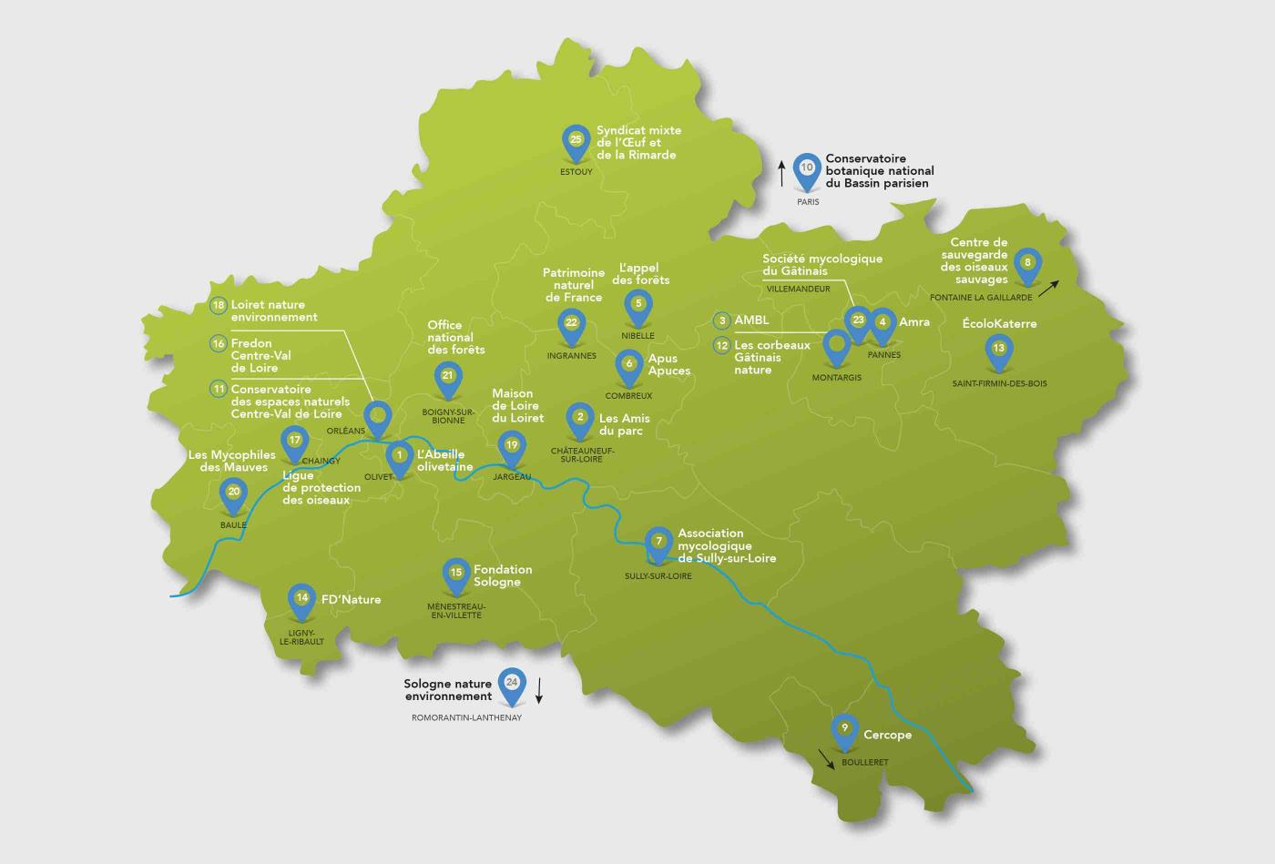 Carte des structures et associations environnementales du Loiret