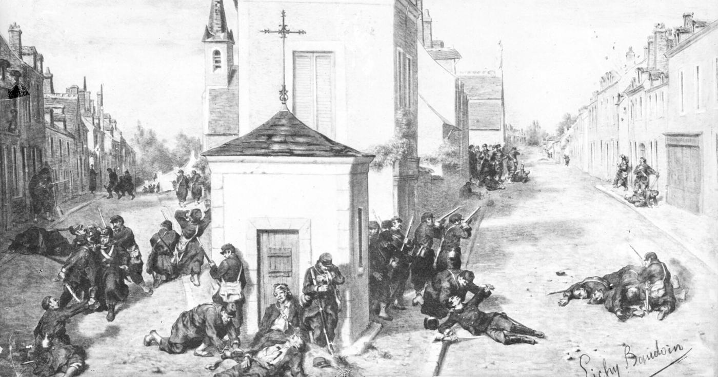 Un épisode du combat des Aydes, à Orléans, 11 octobre 1870 : la mort du commandant Arago (Arch. dép. du Loiret, 30 Fi 778)