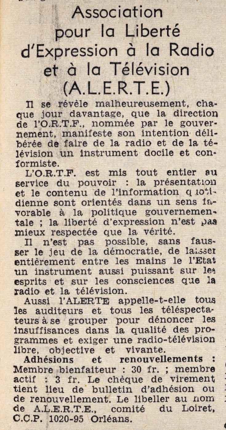 Appel à adhésion de l’Association pour la Liberté d’Expression à la Radio et la Télévision (A.L.E.R.T.E.), article paru dans La République du Centre, 13 novembre 1965