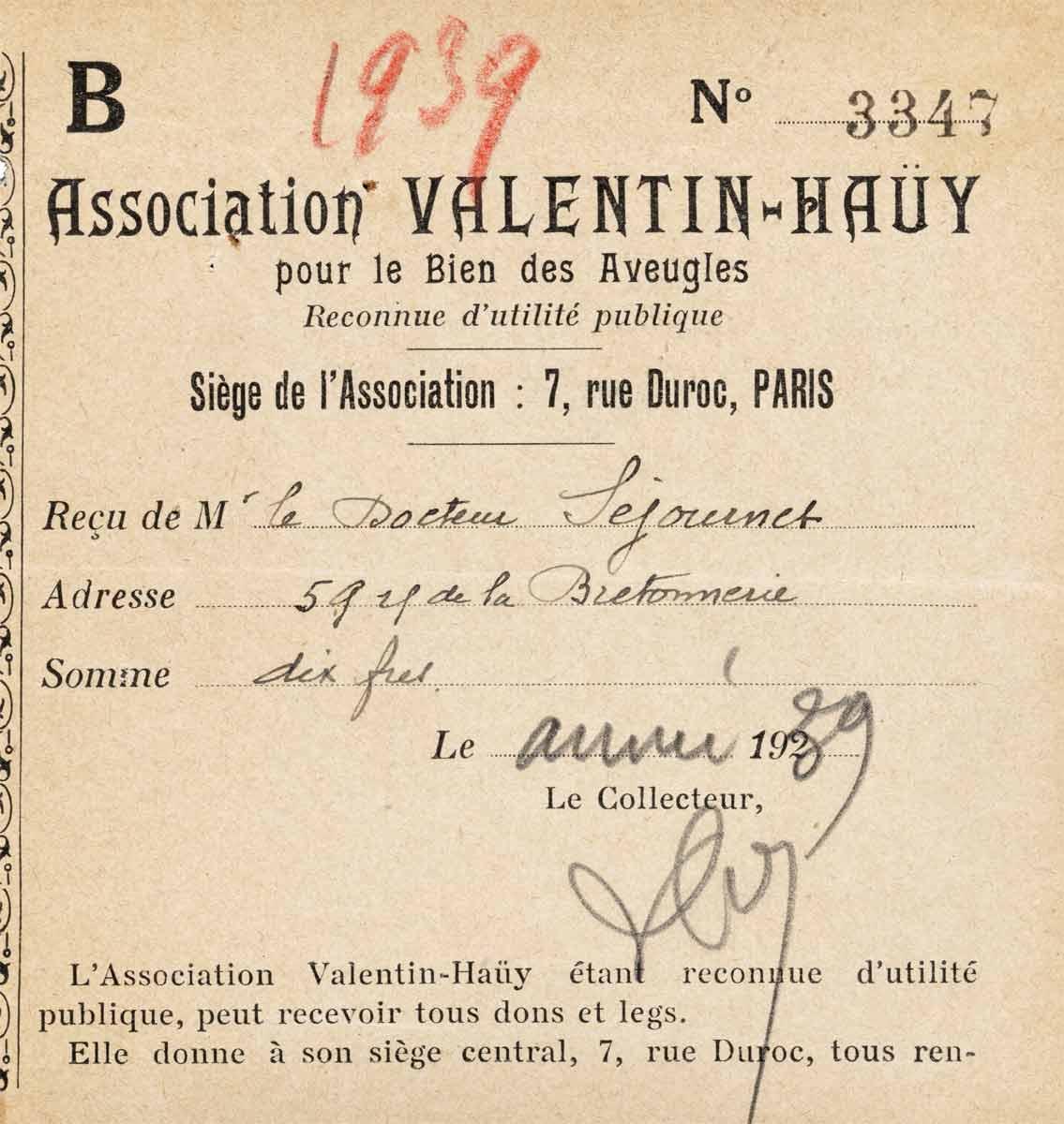 Carte de membre de l’association Valentin-Haüy de Jean Séjournet, médecin à Cléry-Saint-André, 1936.