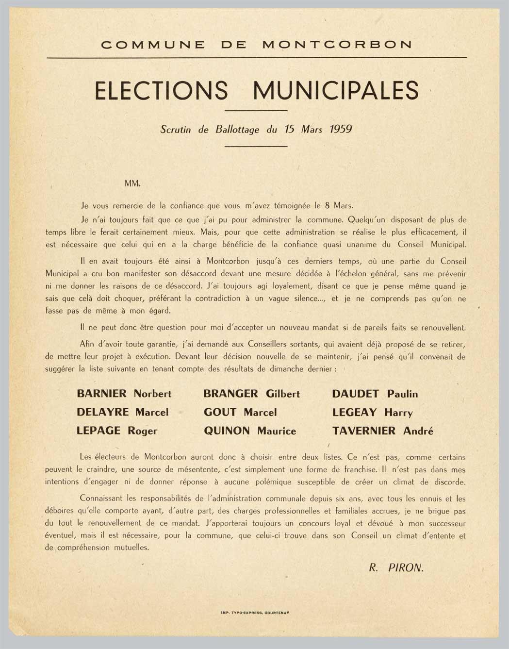 Scrutin de ballotage du 15 mars 1959 à Montcorbon
