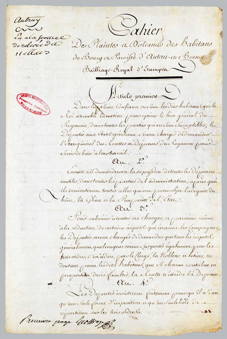 Cahier de doléances des habitants de la paroisse d’Autruy-sur-Juine, 25 février 1789.