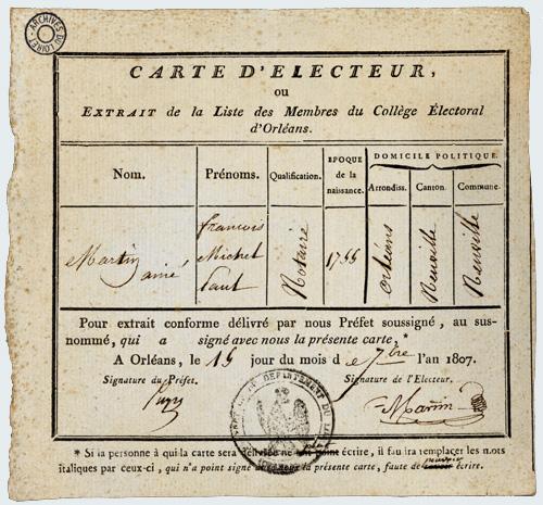 Carte d'électeur de 1807