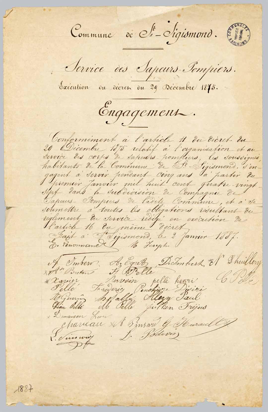 Engagement signé par les sapeurs-pompiers, 2 janvier 1887.