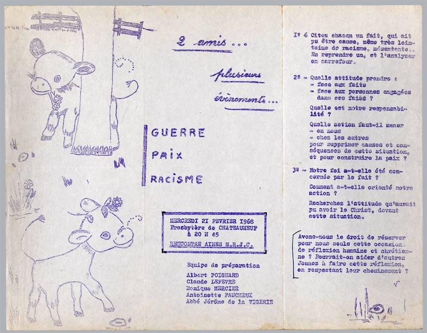 Invitation à une rencontre du M.R.J.C. sur le thème de la lutte contre le racisme et la paix, Châteauneuf-sur-Loire, 21 février 1968.