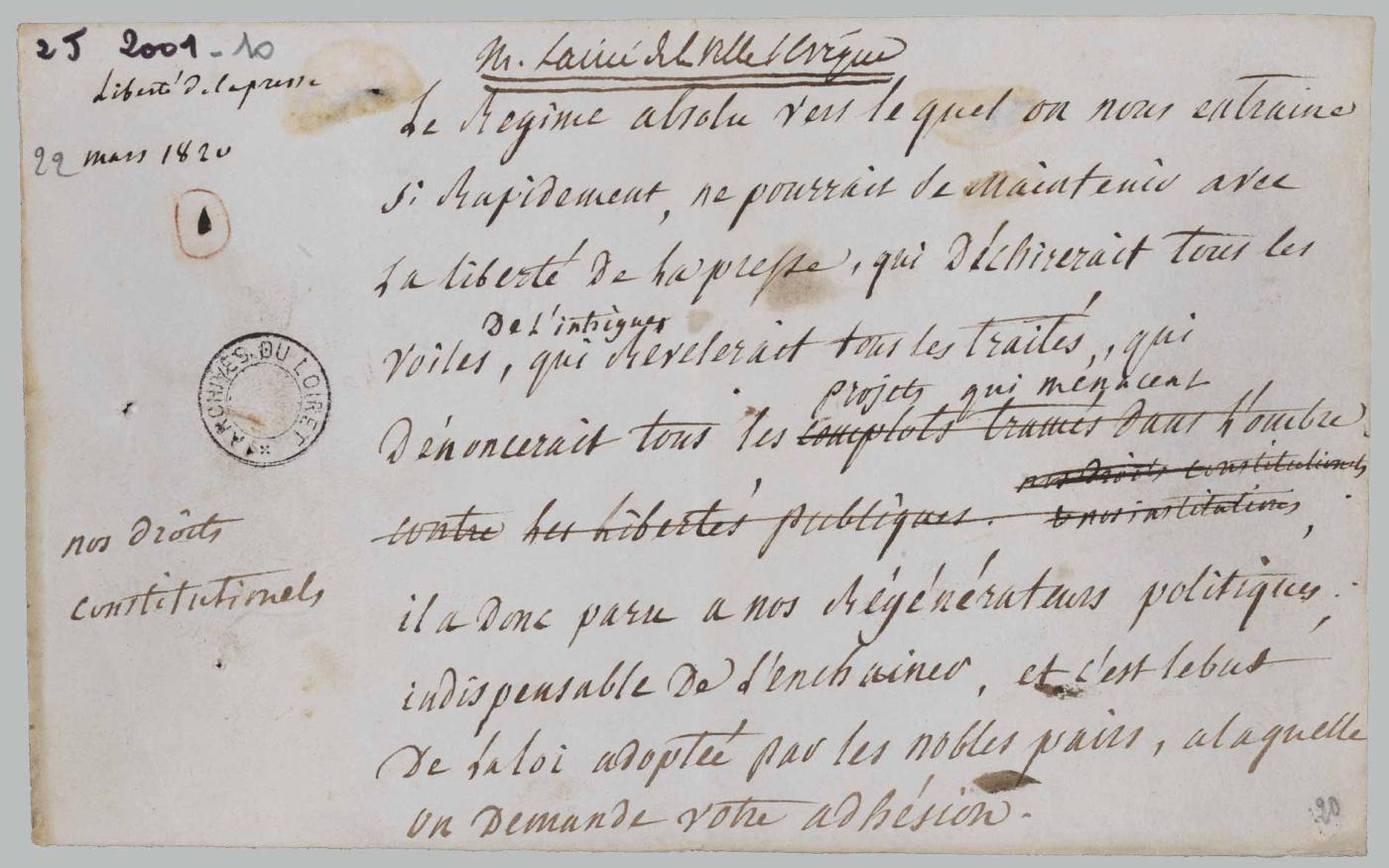 Discours du député Laisné en mars 1820