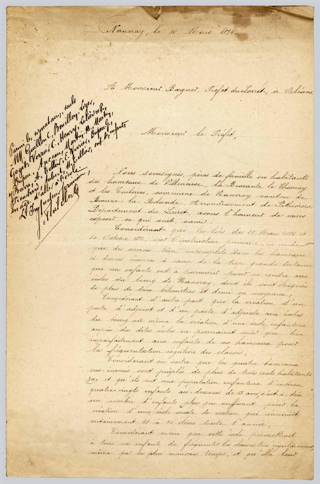 Pétition pour la création d’une école mixte à Nancray-sur-Rimarde, 10 mars 1894