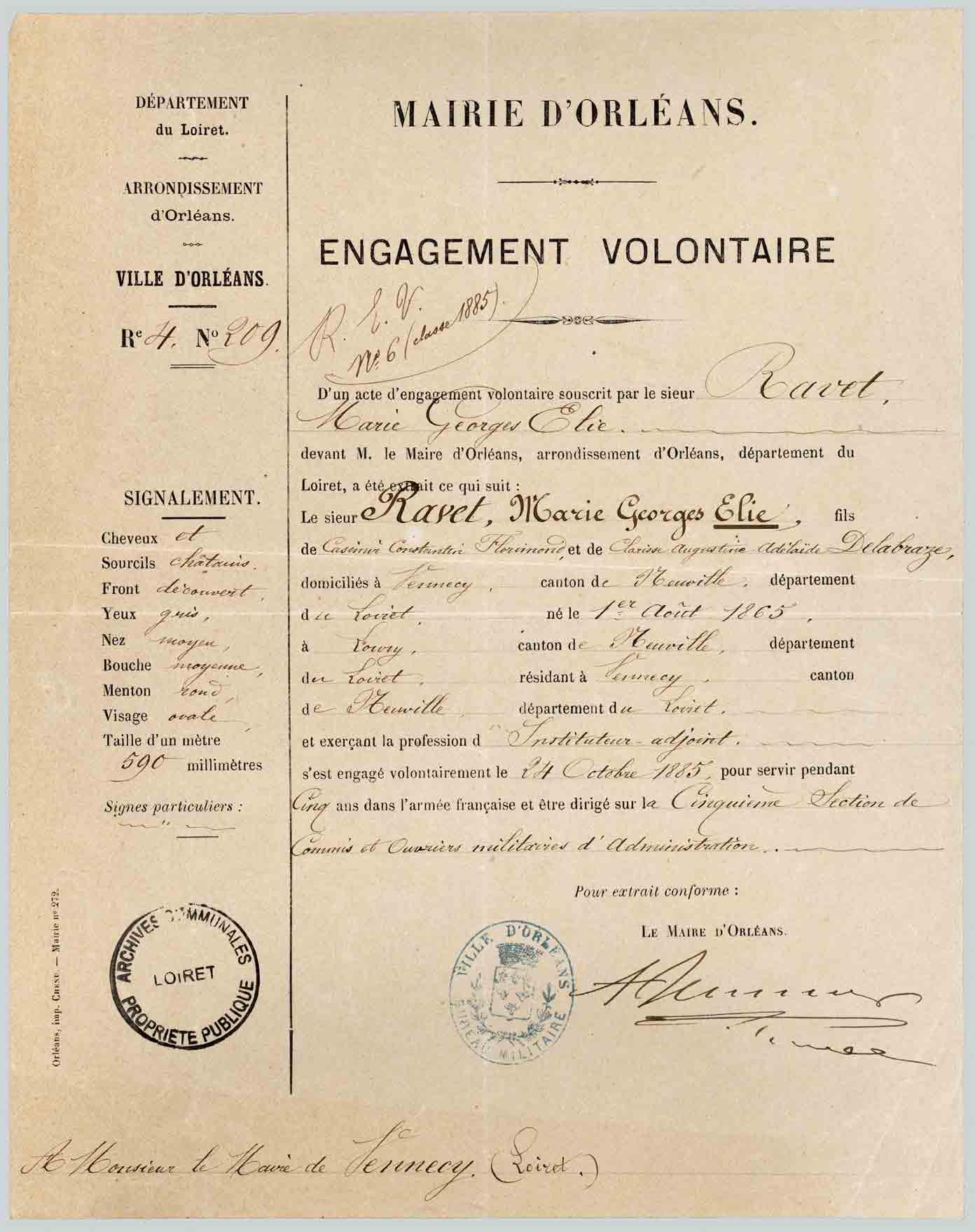 Engagement volontaire dans l’armée française de Marie-Georges-Elie Ravet, natif de Vennecy, 24 octobre 1885.