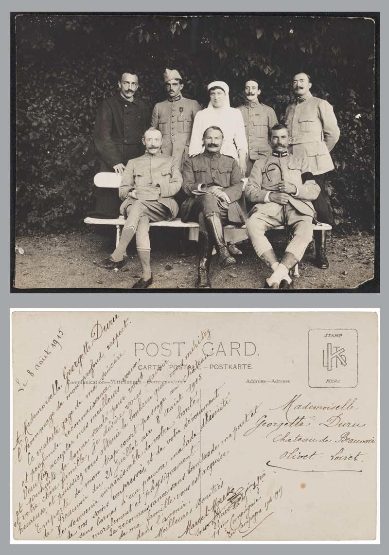 Georgette Duru, infirmière volontaire à l'hôpital complémentaire n°6 installé au château de Beauvoir d'Olivet durant la guerre 1914-1918, photographie non datée. Carte d’un soldat.