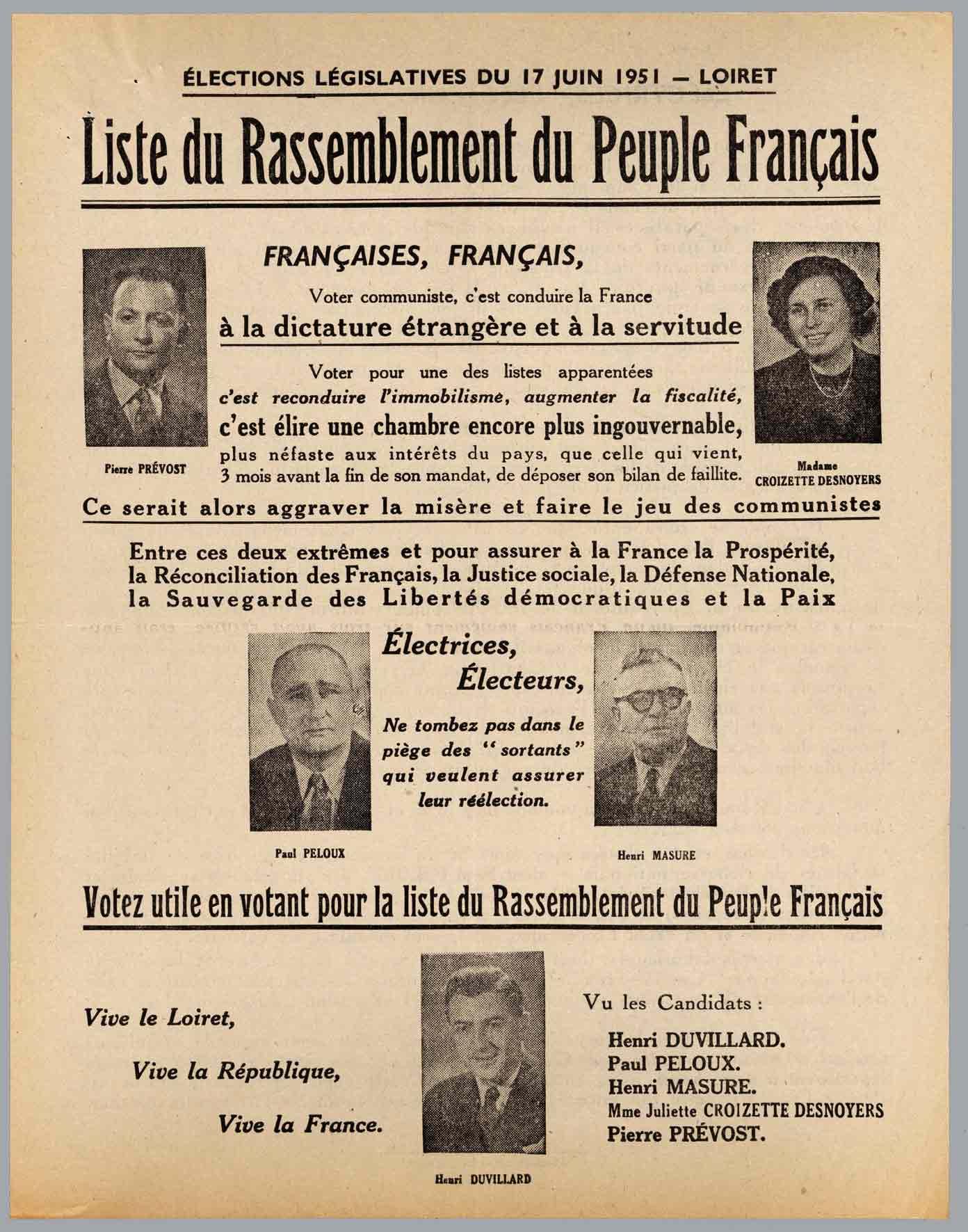 Profession de foi du parti du Rassemblement du Peuple Français en juin 1951
