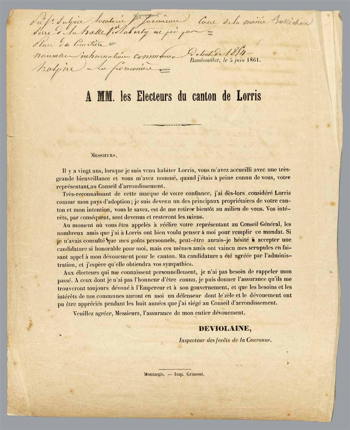 Profession de foi du candidat Deviolaine sur le canton de Lorris en 1861.