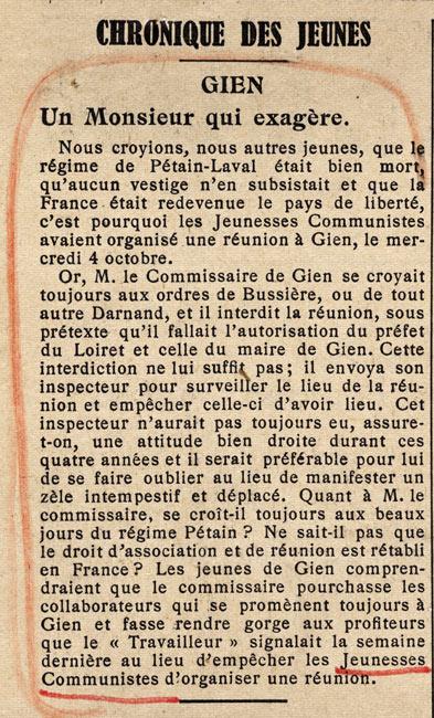 Communiqué des Jeunesses communistes, protestant contre l’interdiction d’une réunion, article paru dans Le Travailleur, samedi 21 octobre 1944.