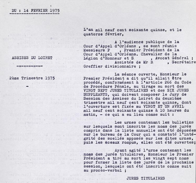 Tirage au sort du jury de session des Assises du Loiret, procès-verbal du 14 février 1975