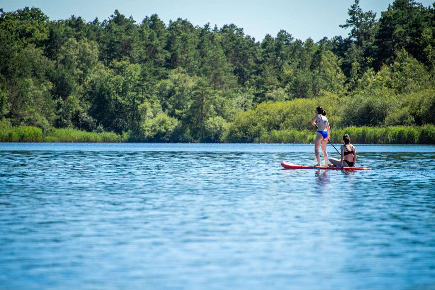 Photo de deux personnes sur un paddle au milieu de l'étang des bois