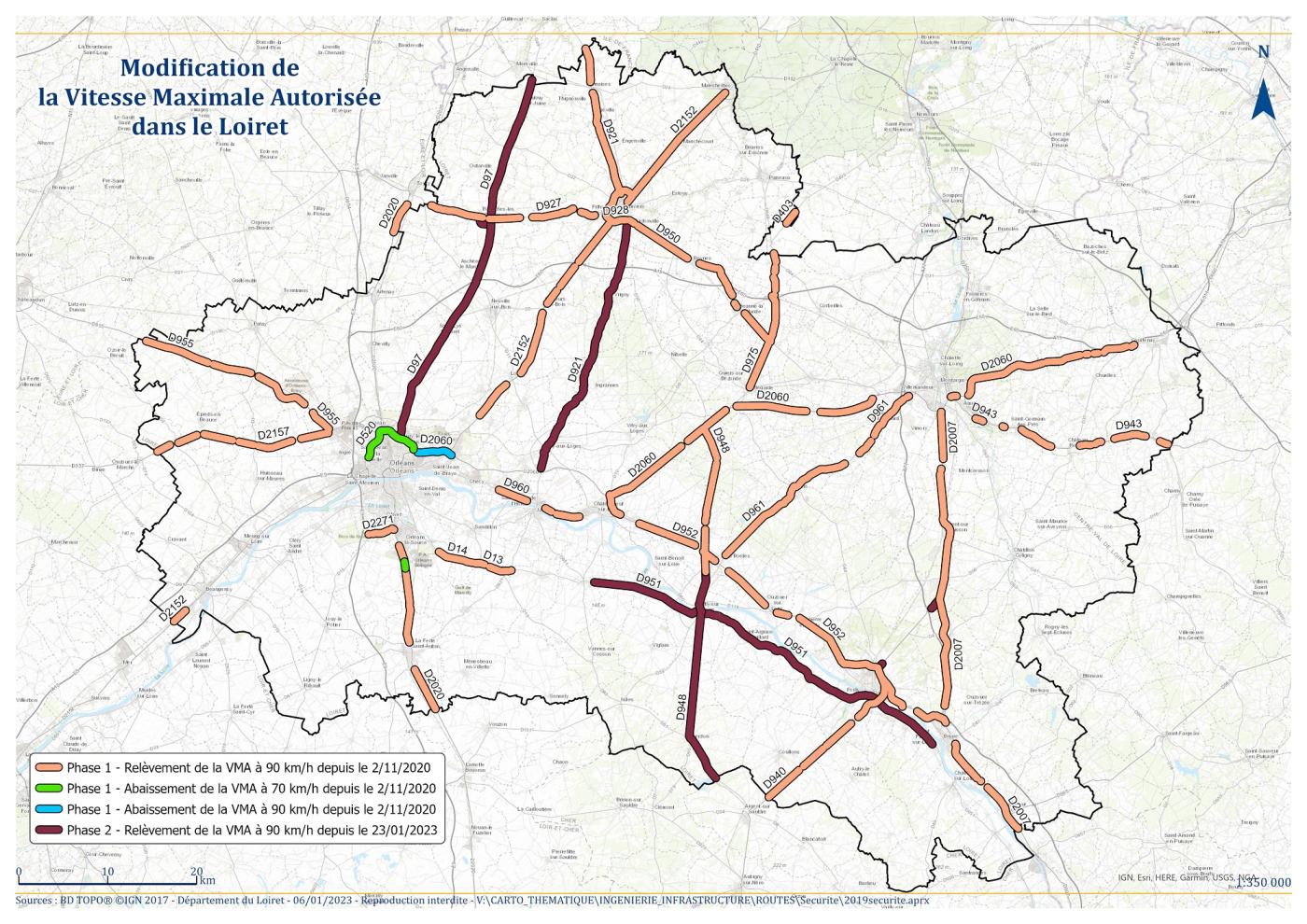 Carte Loiret routes 90 km/h